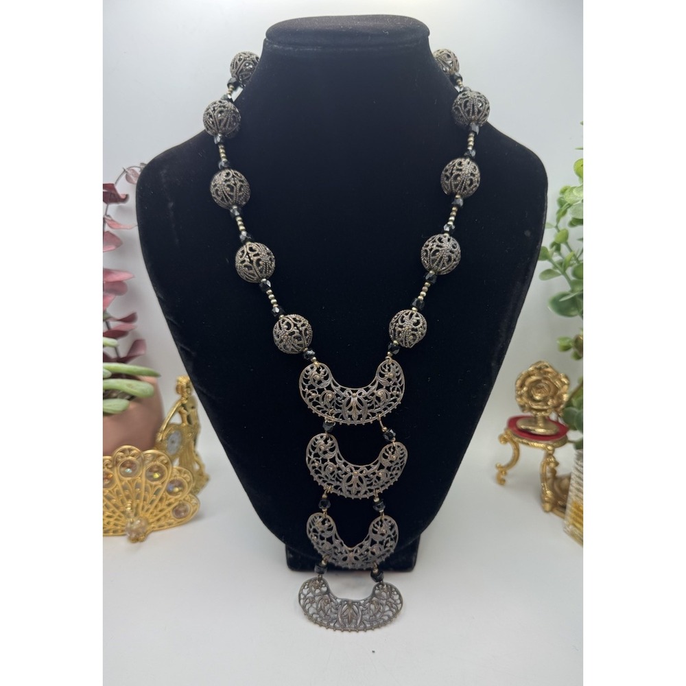 Vintage Art Deco Brass Filigree Bib Necklace 26" Long Tiered Statement Chain